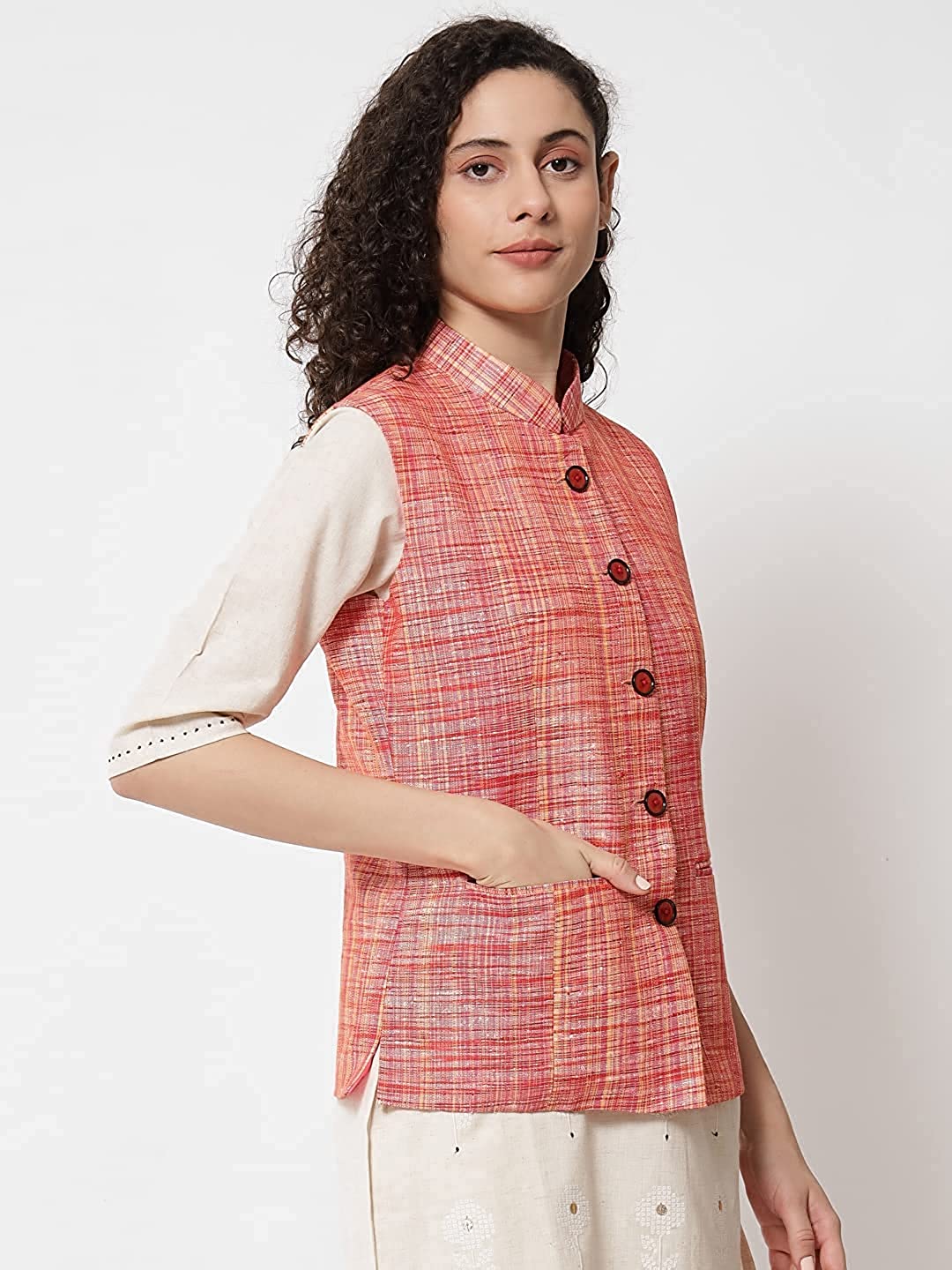 Vastraa Fusion Ladies Khadi Cotton-Small Check Patterns Modi Jacket Waistcoat