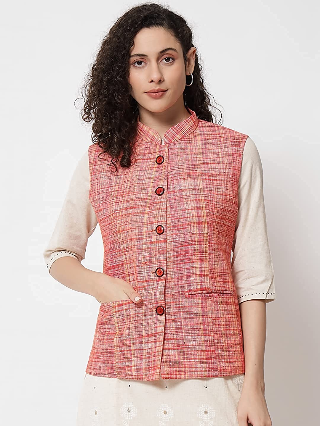 Vastraa Fusion Ladies Khadi Cotton-Small Check Patterns Modi Jacket Waistcoat