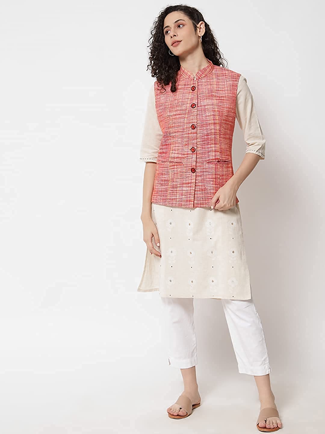 Vastraa Fusion Ladies Khadi Cotton-Small Check Patterns Modi Jacket Waistcoat