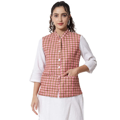 Womens Handloom Block Check Print Nehru Jacket