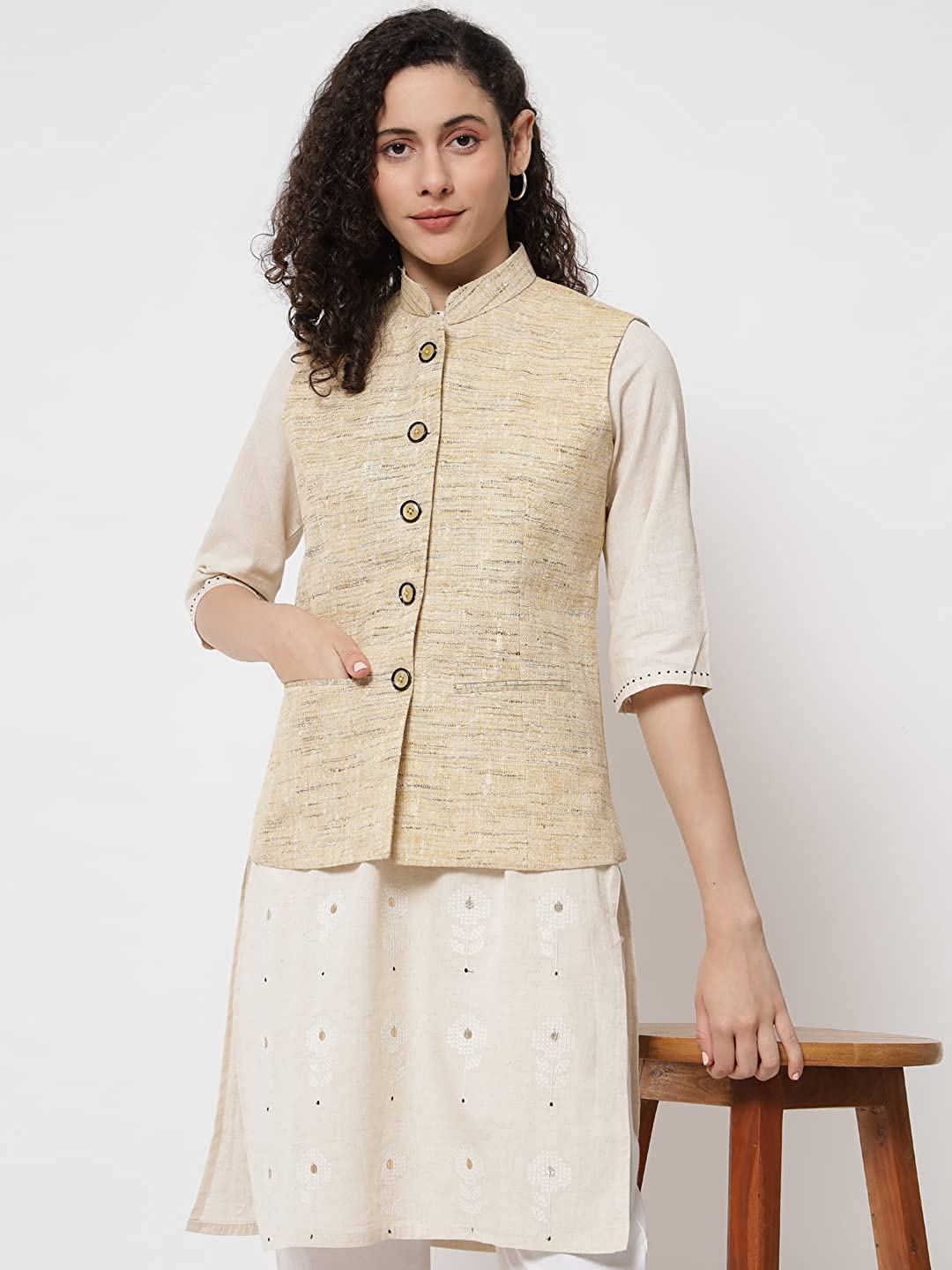 Vastraa Fusion Women's Handloom Khadi Cotton Nehru Jacket