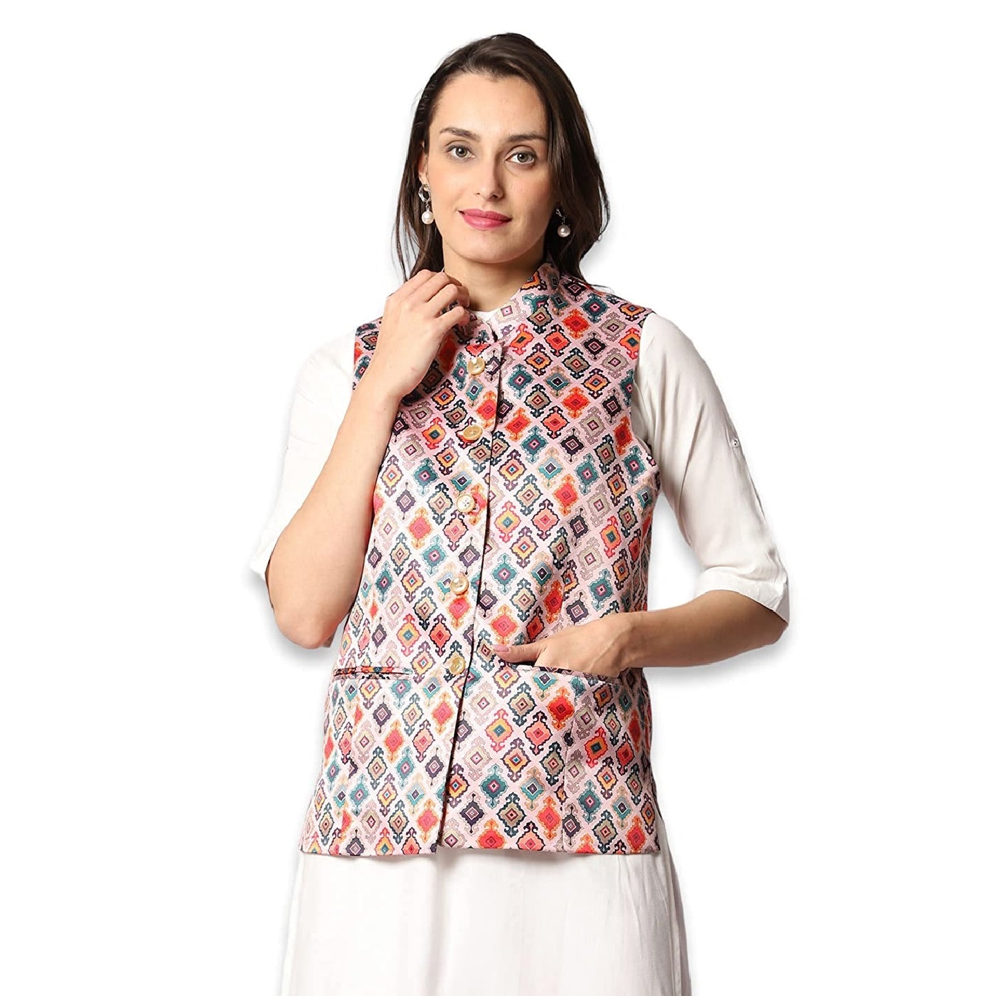Vastraa Fusion Women's Polyester Cotton Printed Sleeveless Regular Nehru Jacket/Modi Ethnic Waistcoat (Off-White With Multi Print)