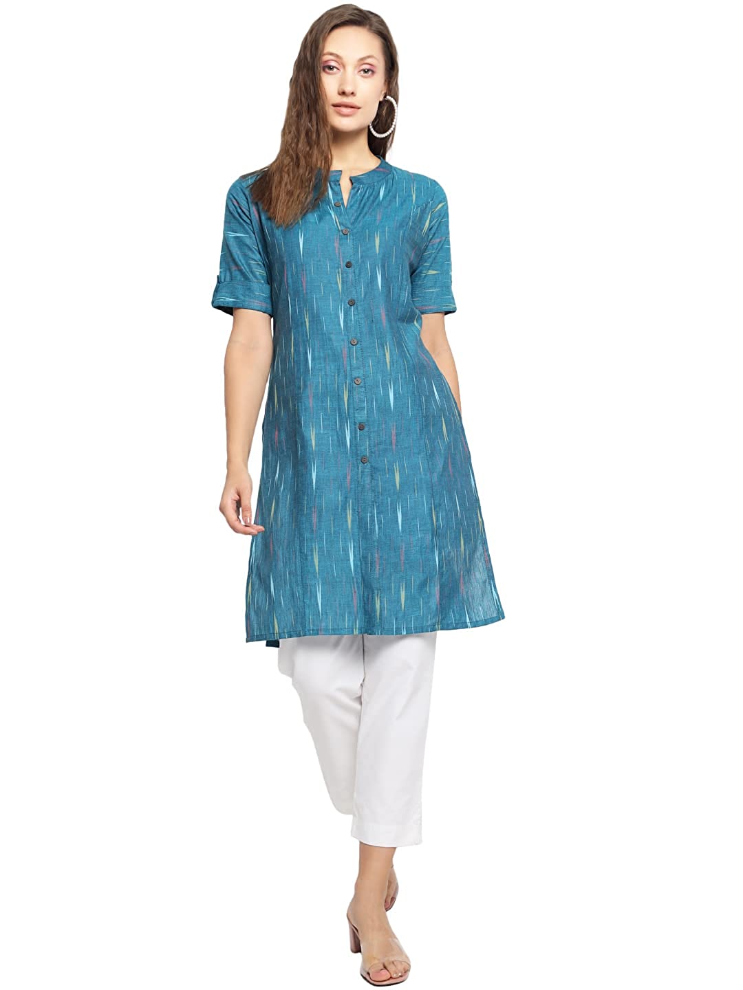 Vastraa Fusion Women's Pure Cotton Handloom Ikat Work Kurta/Kurti