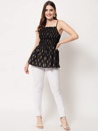 Vastraa Fusion Women's Cotton Regular Ikat Handloom Bobbin Elastic Top/Shirt