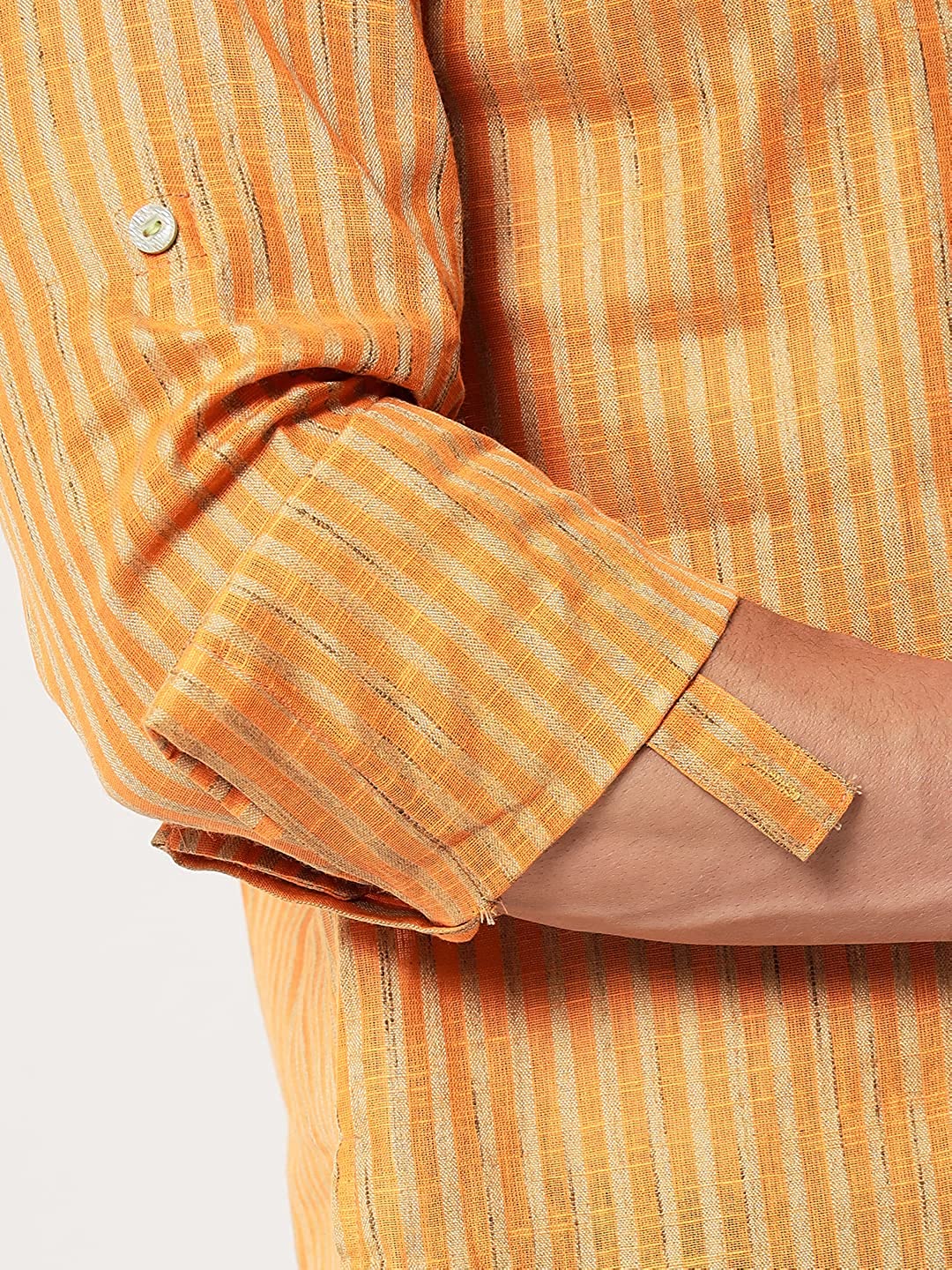 Vastraa Fusion Men's Gold Line Handloom Weaving Pure Cotton Short Kurta, Round Collar, Full Sleeves, Wooden Button Kurta, Ethnic Wear