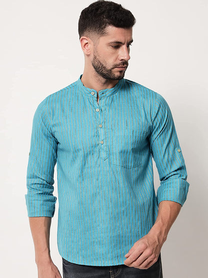 Vastraa Fusion Men's Gold Line Handloom Weaving Pure Cotton Short Kurta, Round Collar, Full Sleeves, Wooden Button Kurta, Ethnic Wear