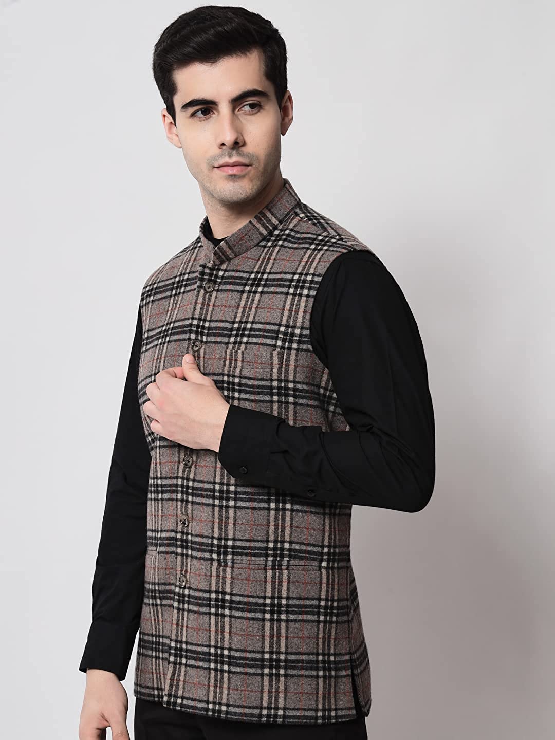 Vastraa Fusion Modi Jacket Waistcoat Checks Pattern Woolen Nehru Jacket