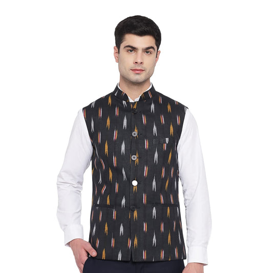 Vastraa Fusion Modi Jacket / Waistcoat - Khadi Look in Mix Ikat Patterns - South Cotton Nehru Jacket