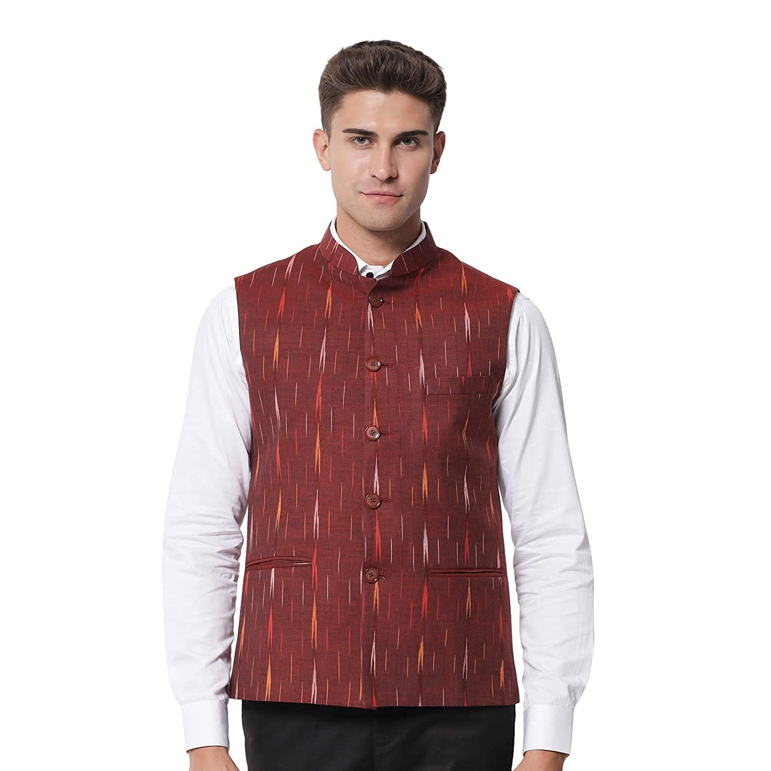 Vastraa Fusion Ethnic Nehru Jacket Waistcoat Khadi Look in Mix Ikkat  Patterns Nehru Jacket- South Cotton