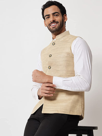 Vastraa Fusion Modi Jacket / Waistcoat Cotton Silk Look in Textured Print Nehru Jacket