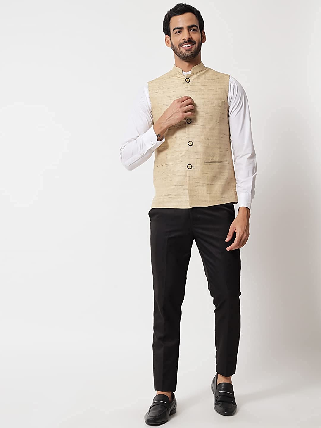 Vastraa Fusion Modi Jacket / Waistcoat Cotton Silk Look in Textured Print Nehru Jacket