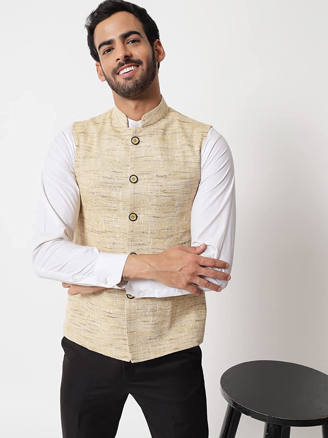 Vatsraa Fusion Modi Jacket Waistcoat Ghichha Khadi Cotton-Handloom Textured Print Nehru Jacket